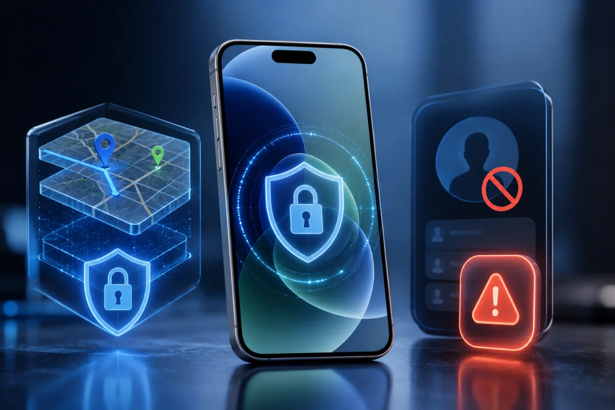Creative illustration of iOS 26.6 showing Apple Maps security sandbox protection with blocked contact warning improvements on a modern iPhone.