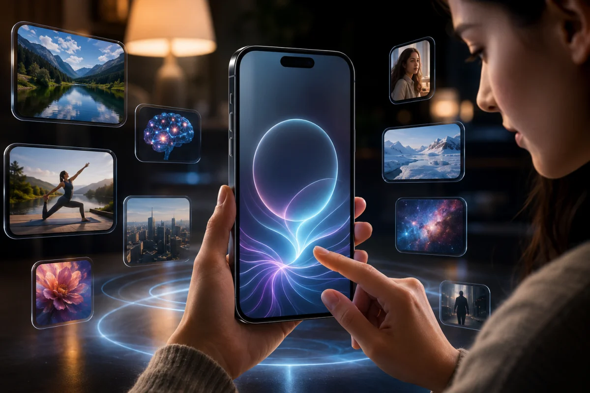 iPhone running iOS 27 Public Beta with Siri AI and Apple Intelligence features in a futuristic mobile interface.