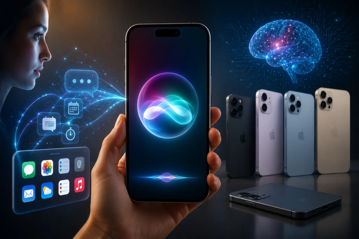 Modern iPhone displaying iOS 27 Siri AI with compatible iPhone models illustrating Apple Intelligence hardware requirements.