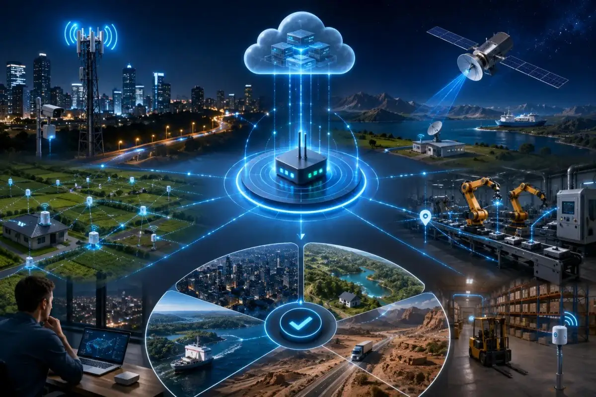 IoT connectivity infrastructure with cloud computing, edge gateway, satellite communication, smart factories, agriculture, logistics, and industrial IoT devices.
