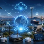 IoT connectivity ecosystem connecting smart cities, industrial automation, cloud computing, logistics, satellites, renewable energy, and IoT devices through a global network.