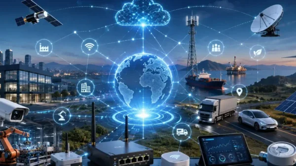 IoT connectivity ecosystem connecting smart cities, industrial automation, cloud computing, logistics, satellites, renewable energy, and IoT devices through a global network.