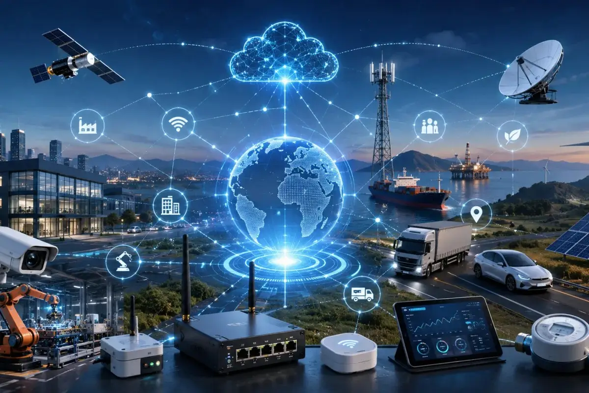 IoT connectivity ecosystem connecting smart cities, industrial automation, cloud computing, logistics, satellites, renewable energy, and IoT devices through a global network.