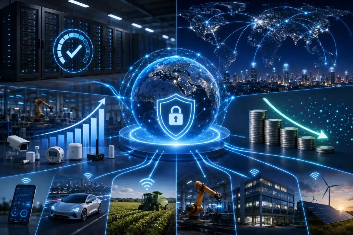 Secure IoT connectivity with global cloud networking, industrial IoT devices, smart cities, connected vehicles, agriculture, factories, cybersecurity, and renewable energy systems.