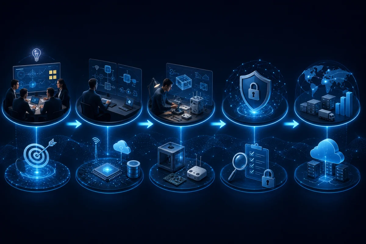 IoT Consulting process showing discovery, architecture design, prototyping, security review, compliance validation, deployment, and scalable IoT solutions.