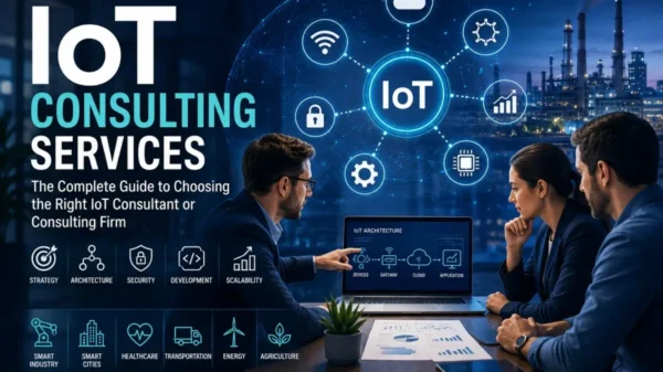 IoT Consulting featured image showing connected devices, cloud platforms, industrial automation, cybersecurity, and digital transformation services.