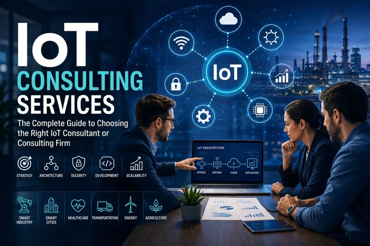 IoT Consulting featured image showing connected devices, cloud platforms, industrial automation, cybersecurity, and digital transformation services.