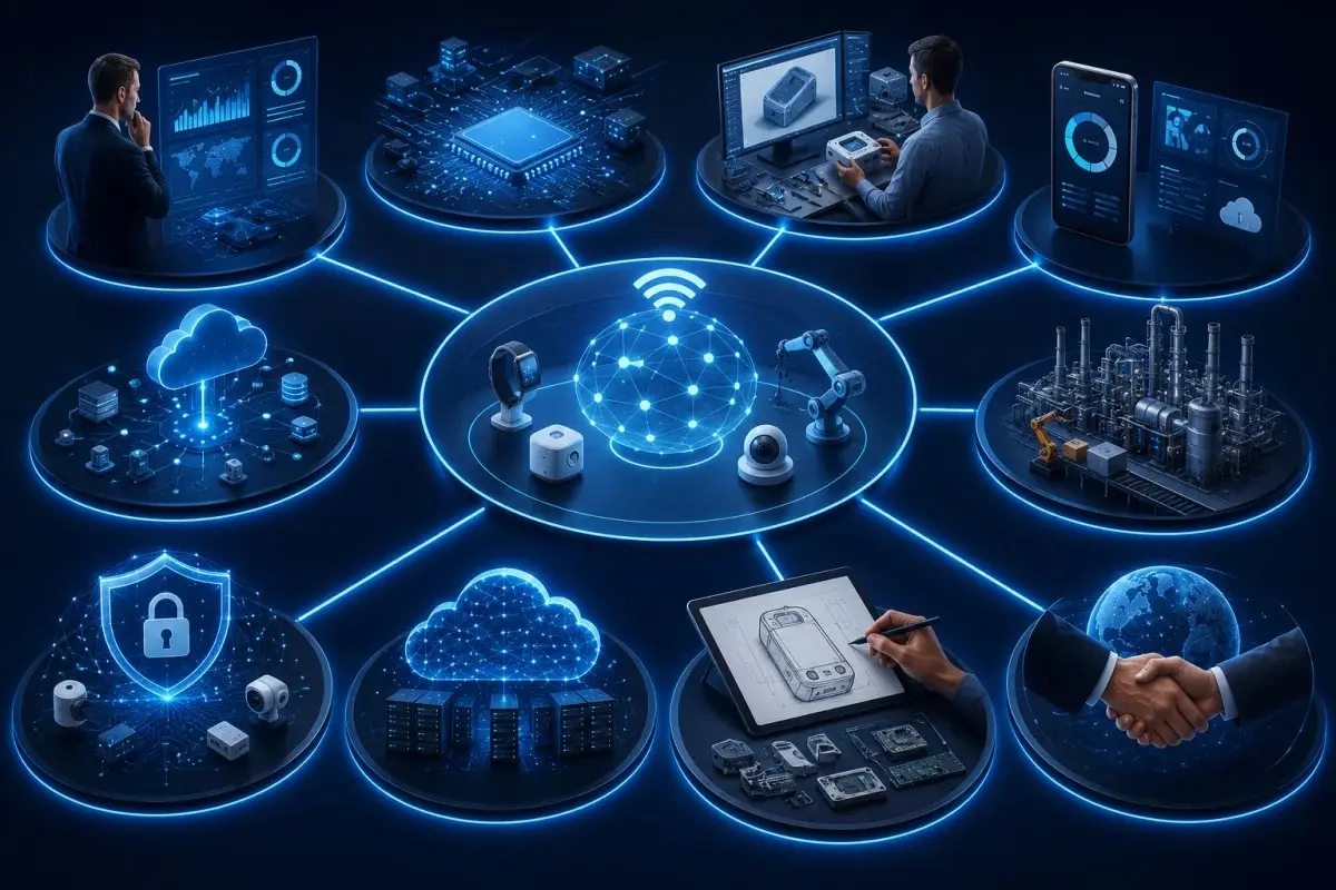IoT Consulting services illustration featuring strategy consulting, technology consulting, product development, application development, industrial IoT, Azure IoT, security, and product design.