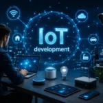Developer working on IoT development with connected smart devices, cloud network, and industrial automation icons