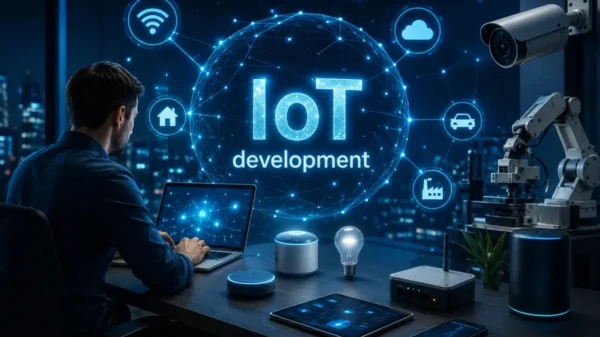Developer working on IoT development with connected smart devices, cloud network, and industrial automation icons