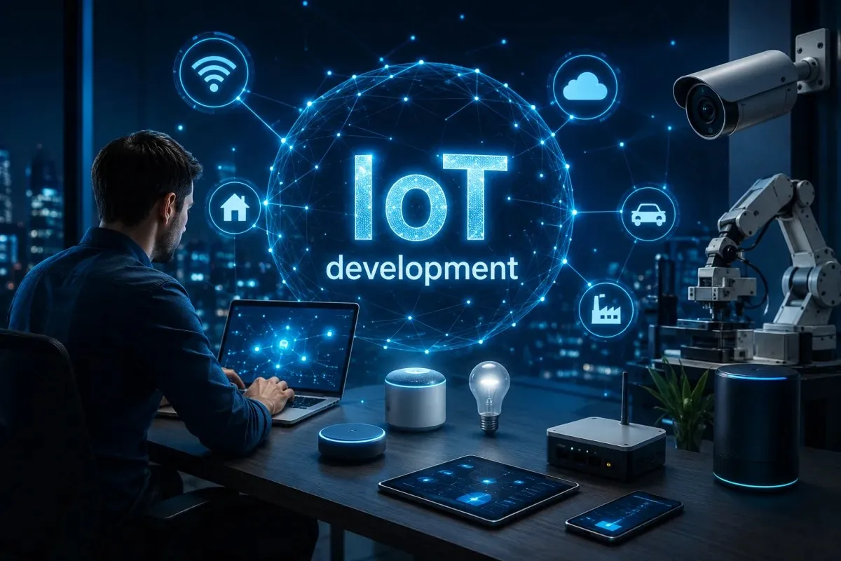 Developer working on IoT development with connected smart devices, cloud network, and industrial automation icons