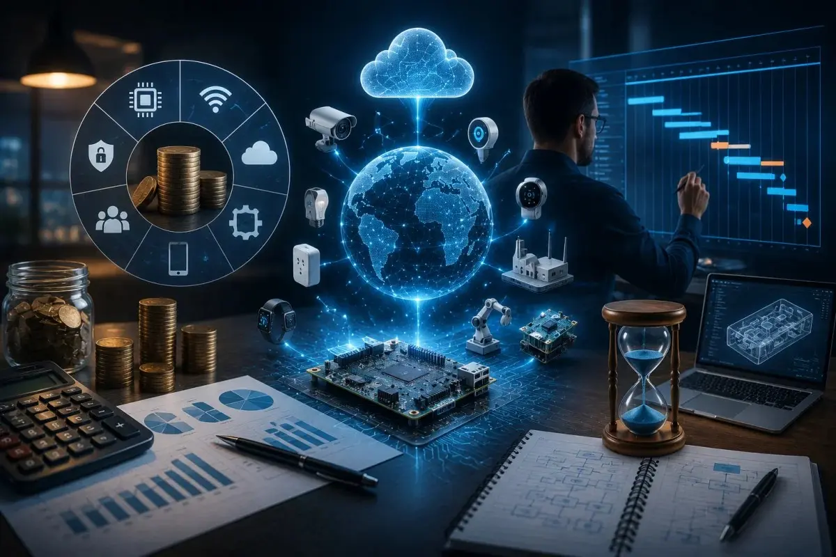 Professional IoT development illustration depicting IoT project costs, development timelines, cloud infrastructure, embedded hardware, smart devices, budgeting, project planning, analytics, and the complete lifecycle of connected application development.