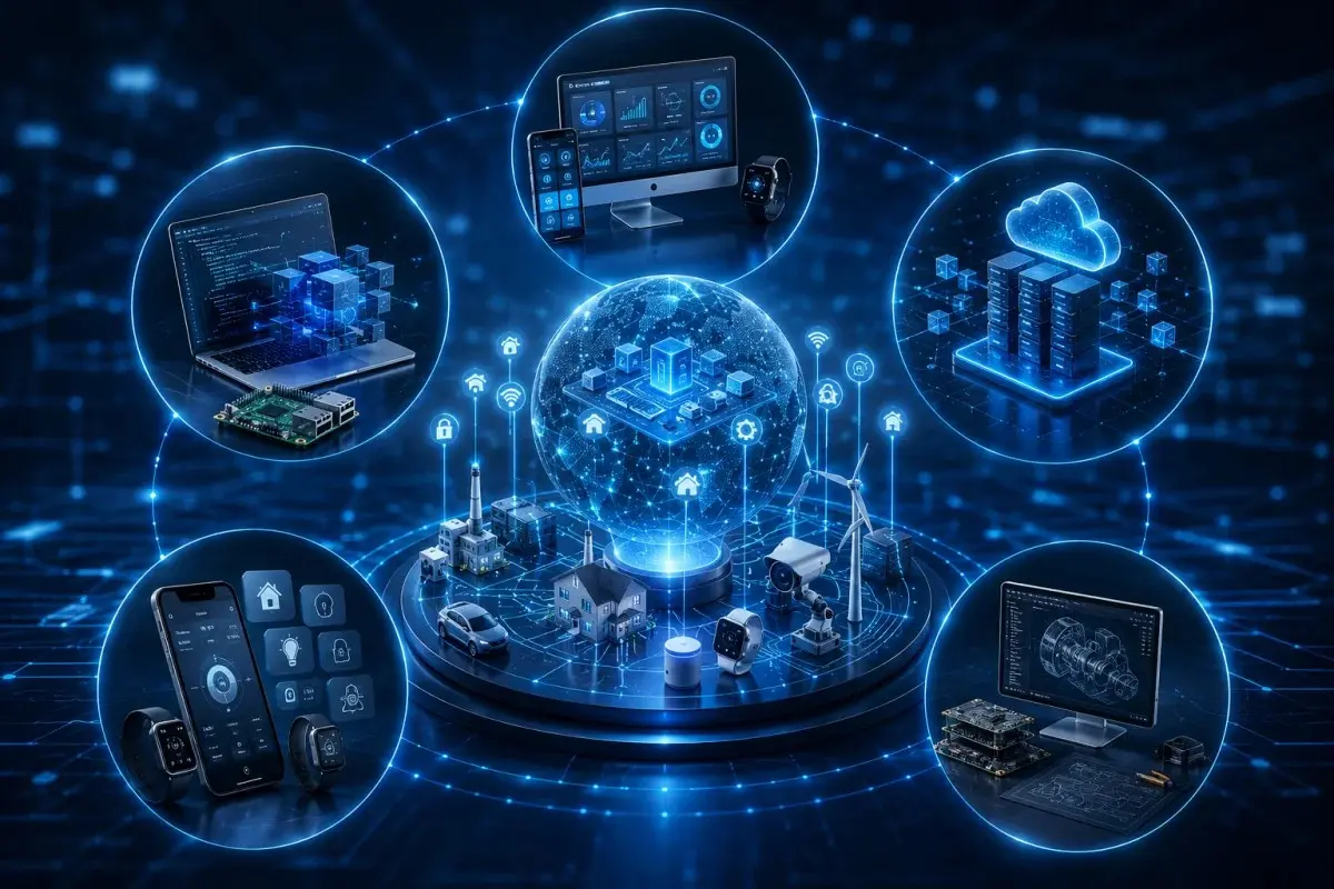 Premium IoT development illustration showing IoT application development, software development, platform development, mobile app development, and custom IoT development services connected through a smart digital ecosystem.