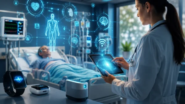 IoT in Healthcare featured image showing connected medical devices, AI-assisted patient monitoring, wearable technology, and a modern smart hospital ecosystem.