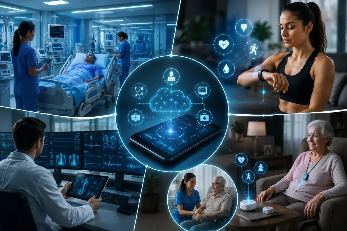IoT in Healthcare illustrating hospital monitoring, wearable health devices, remote patient care, and elderly home healthcare connected through smart medical technology.