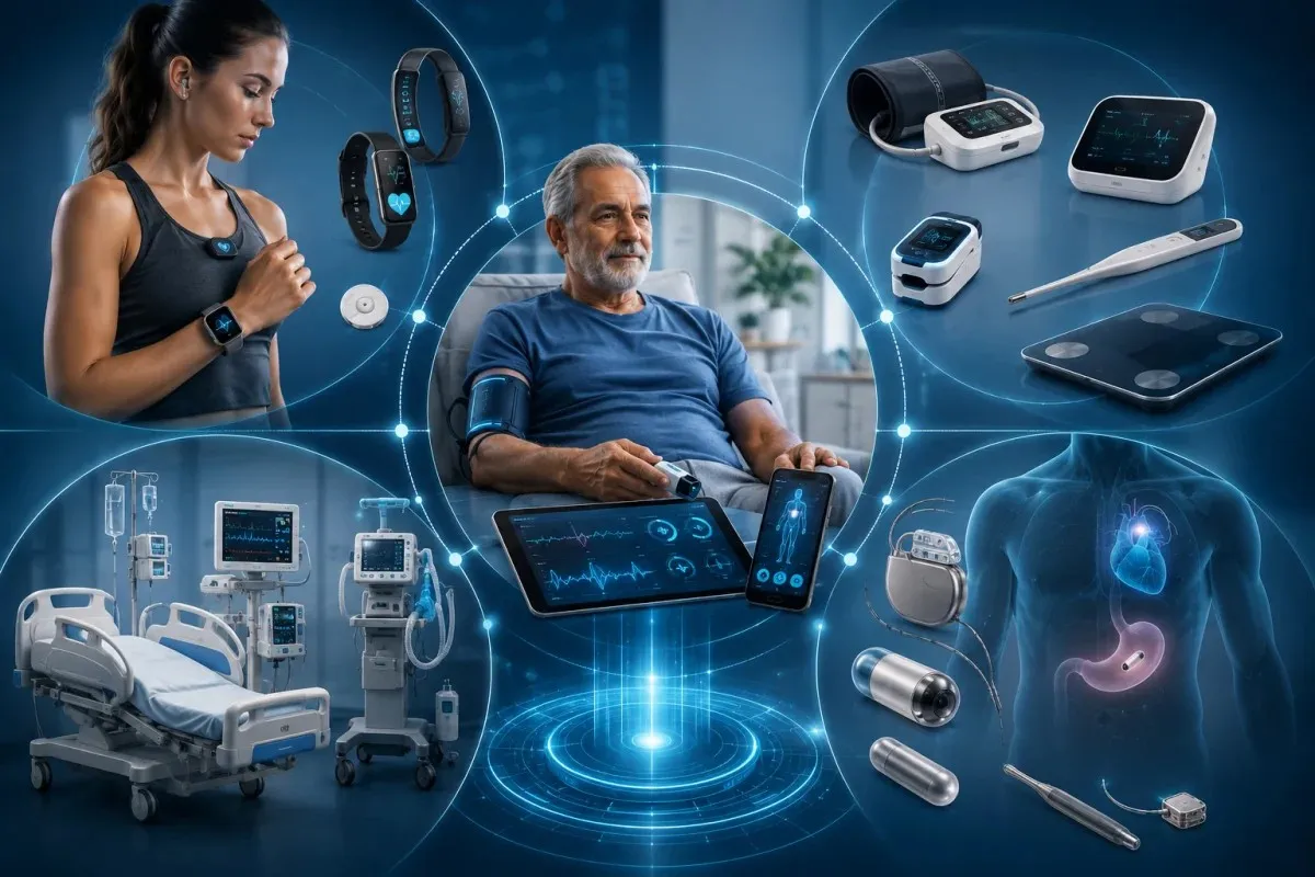 IoT in Healthcare showing wearable devices, remote patient monitoring systems, hospital-based IoT equipment, implantable devices, and ingestible medical sensors.