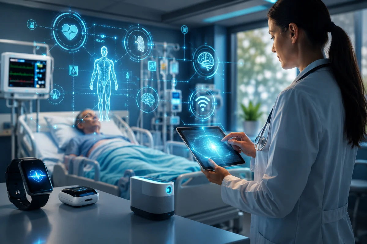 IoT in Healthcare featured image showing connected medical devices, AI-assisted patient monitoring, wearable technology, and a modern smart hospital ecosystem.