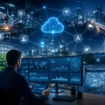 Photorealistic IoT monitoring dashboard managing connected devices, industrial sensors, healthcare equipment, smart city infrastructure, renewable energy systems, and cloud-based real-time monitoring.