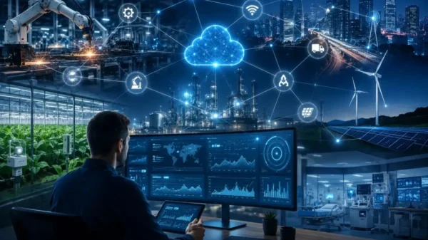 Photorealistic IoT monitoring dashboard managing connected devices, industrial sensors, healthcare equipment, smart city infrastructure, renewable energy systems, and cloud-based real-time monitoring.