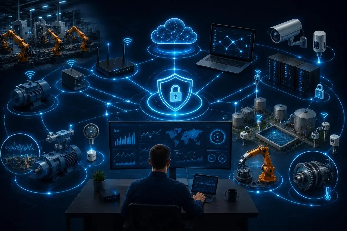 Photorealistic IoT monitoring best practices illustration showing secure gateway and network monitoring, data security, predictive maintenance, condition monitoring, cloud connectivity, industrial IoT devices, and real-time monitoring to reduce downtime.