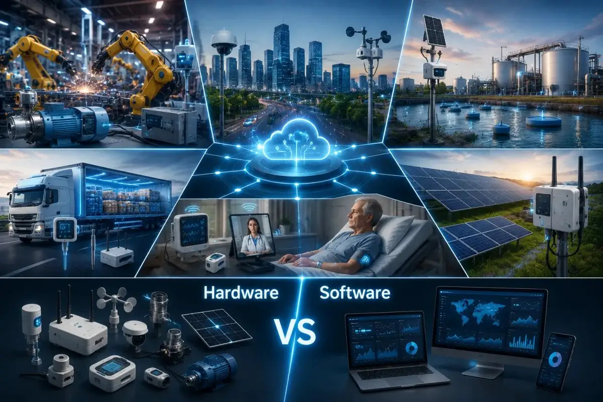 Photorealistic IoT monitoring illustration featuring industrial predictive maintenance, smart city infrastructure, water and environmental monitoring, cold chain logistics, solar power monitoring, and remote patient monitoring connected through a cloud-based IoT platform with Hardware VS Software comparison.