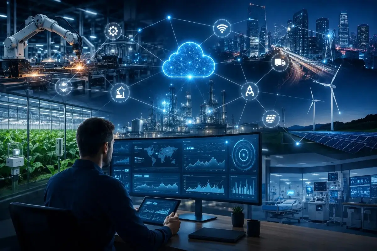 Photorealistic IoT monitoring dashboard managing connected devices, industrial sensors, healthcare equipment, smart city infrastructure, renewable energy systems, and cloud-based real-time monitoring.