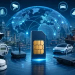 IoT SIM connecting smart meters, industrial robots, connected vehicles, surveillance systems, logistics networks, and global cellular IoT infrastructure.