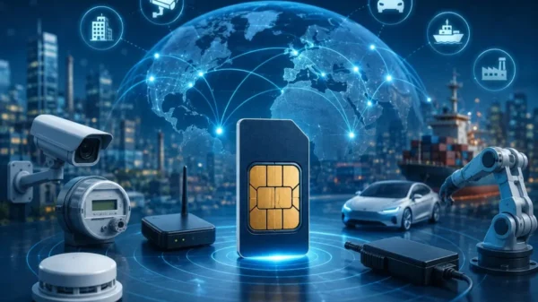 IoT SIM connecting smart meters, industrial robots, connected vehicles, surveillance systems, logistics networks, and global cellular IoT infrastructure.