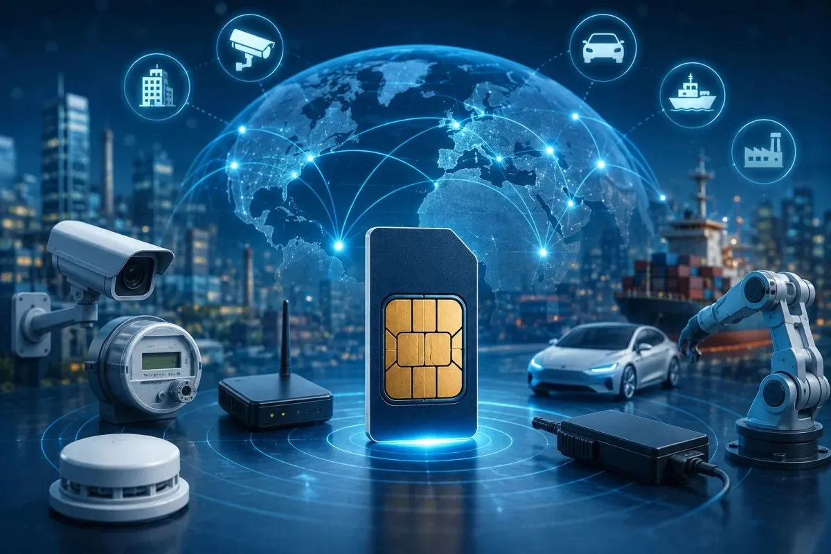 IoT SIM connecting smart meters, industrial robots, connected vehicles, surveillance systems, logistics networks, and global cellular IoT infrastructure.