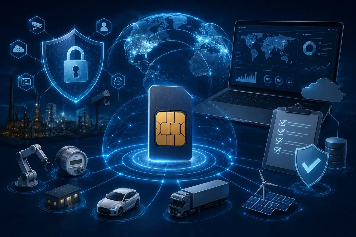 IoT SIM powering smart building management, enterprise IoT deployments, industrial automation, logistics, agriculture, connected transportation, and M2M applications across industries.
