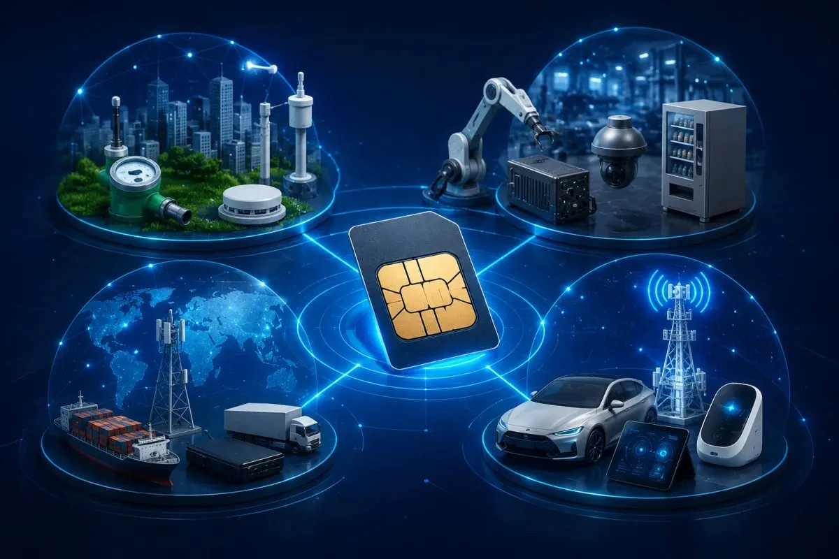 IoT SIM illustrating NB-IoT sensors, M2M devices, eUICC multi-network connectivity, and 5G LTE-M applications for modern IoT deployments.