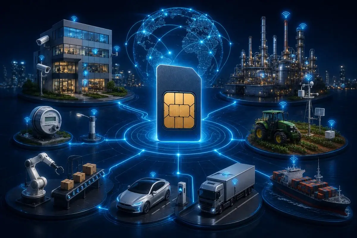 IoT SIM powering smart building management, enterprise IoT deployments, industrial automation, logistics, agriculture, connected transportation, and M2M applications across industries.
