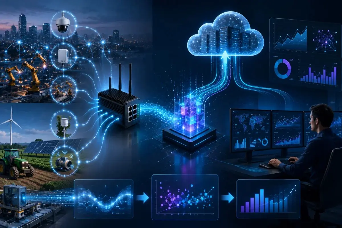 IoT use cases showing real-time data processing, predictive sensor analytics, and edge vs cloud IoT analytics