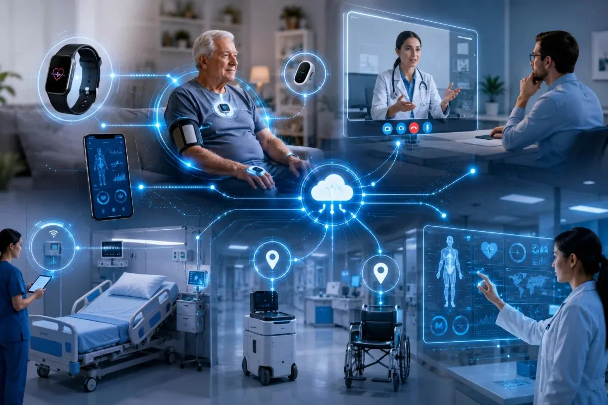 IoT use cases in healthcare with remote patient monitoring, wearable devices, hospital asset tracking, and telemedicine