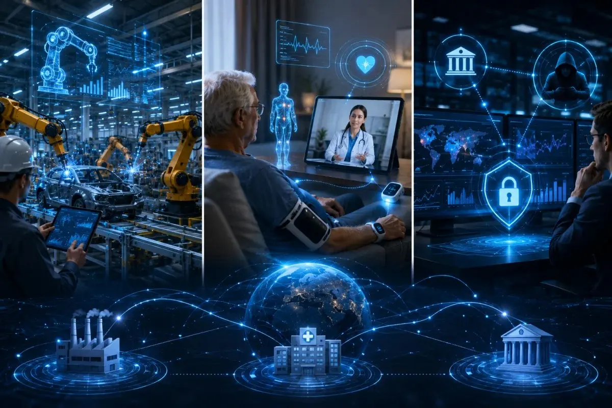 Real-world IoT use cases showing smart factory efficiency, hospital remote monitoring, and bank fraud reduction with IoT sensors