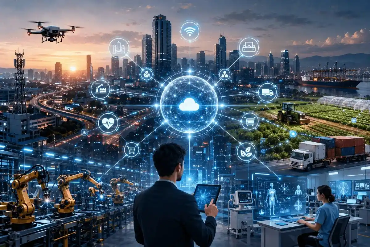 IoT use cases connecting smart cities, healthcare, manufacturing, agriculture, logistics, and real-time technology
