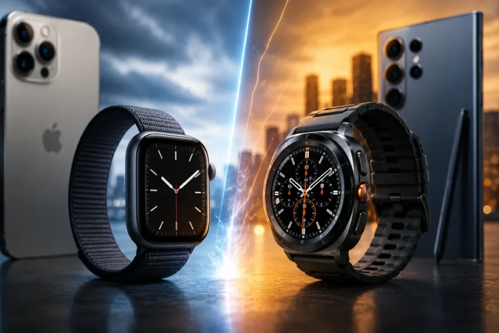 iPhone vs Samsung smartwatch rivalry featuring Galaxy Watch 9 and Galaxy Watch Ultra2 compared with Apple Watch