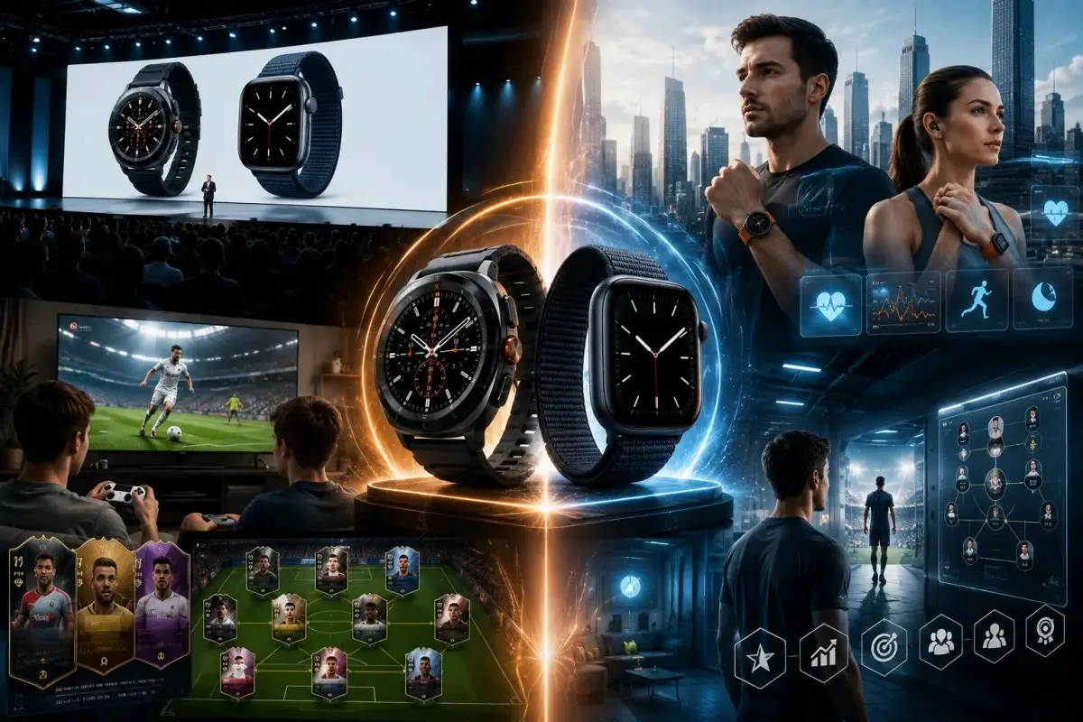 iPhone vs Samsung comparison showing Galaxy Watch 9 and Galaxy Watch Ultra2 with long-term software support and health features
