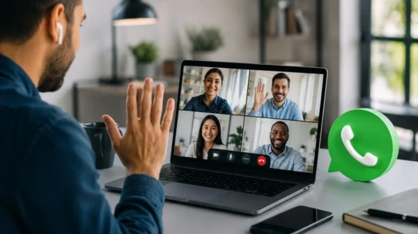 Macwelt WhatsApp Web audio and video calling displayed on a modern desktop browser with a professional video conference.