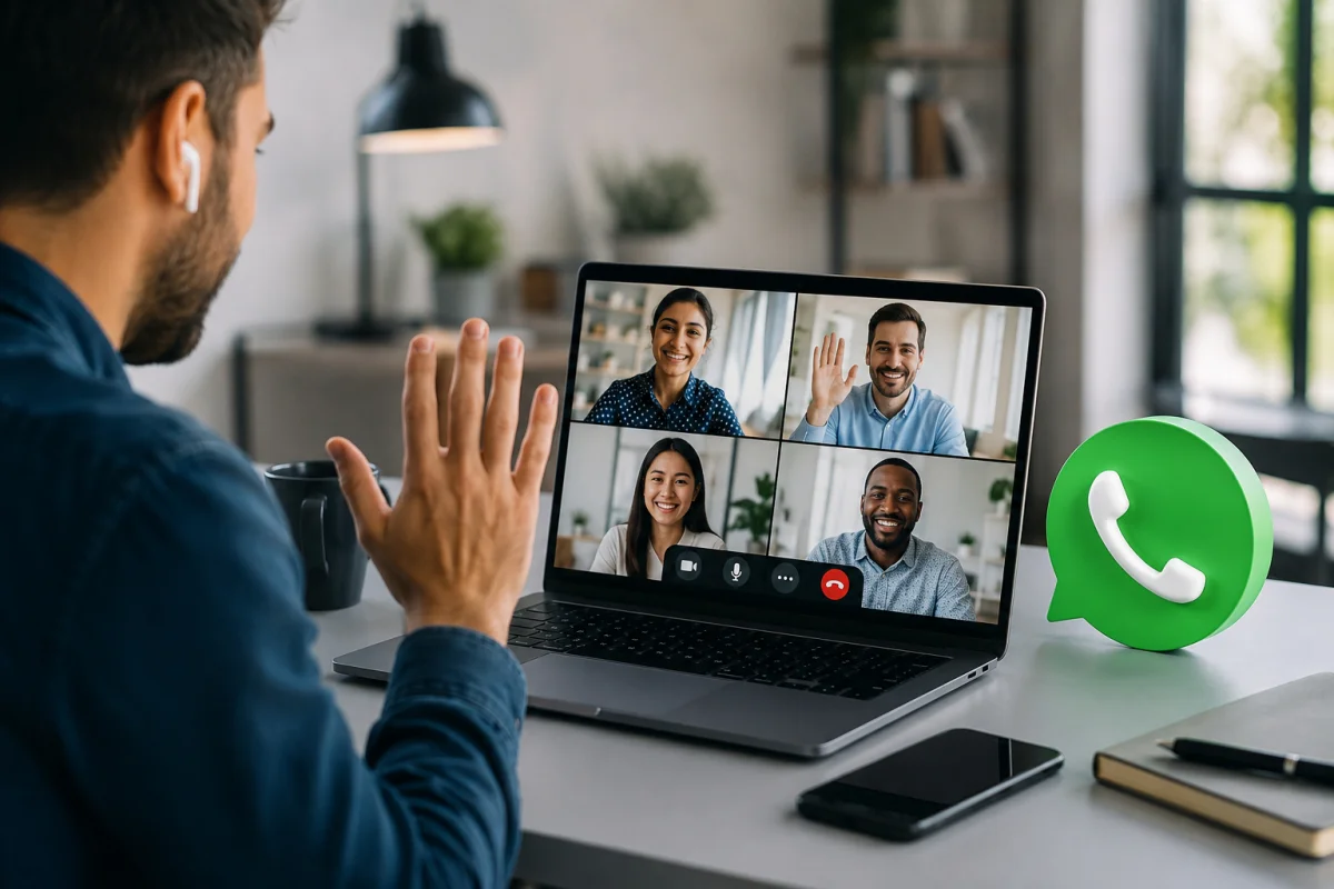 Macwelt WhatsApp Web audio and video calling displayed on a modern desktop browser with a professional video conference.