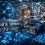 Manufacturing Technology smart factory with industrial robots, AI automation, IoT systems, digital twins, and advanced manufacturing processes.