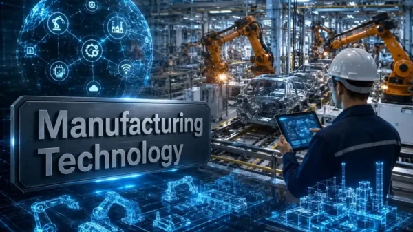 Manufacturing Technology smart factory with industrial robots, AI automation, IoT systems, digital twins, and advanced manufacturing processes.