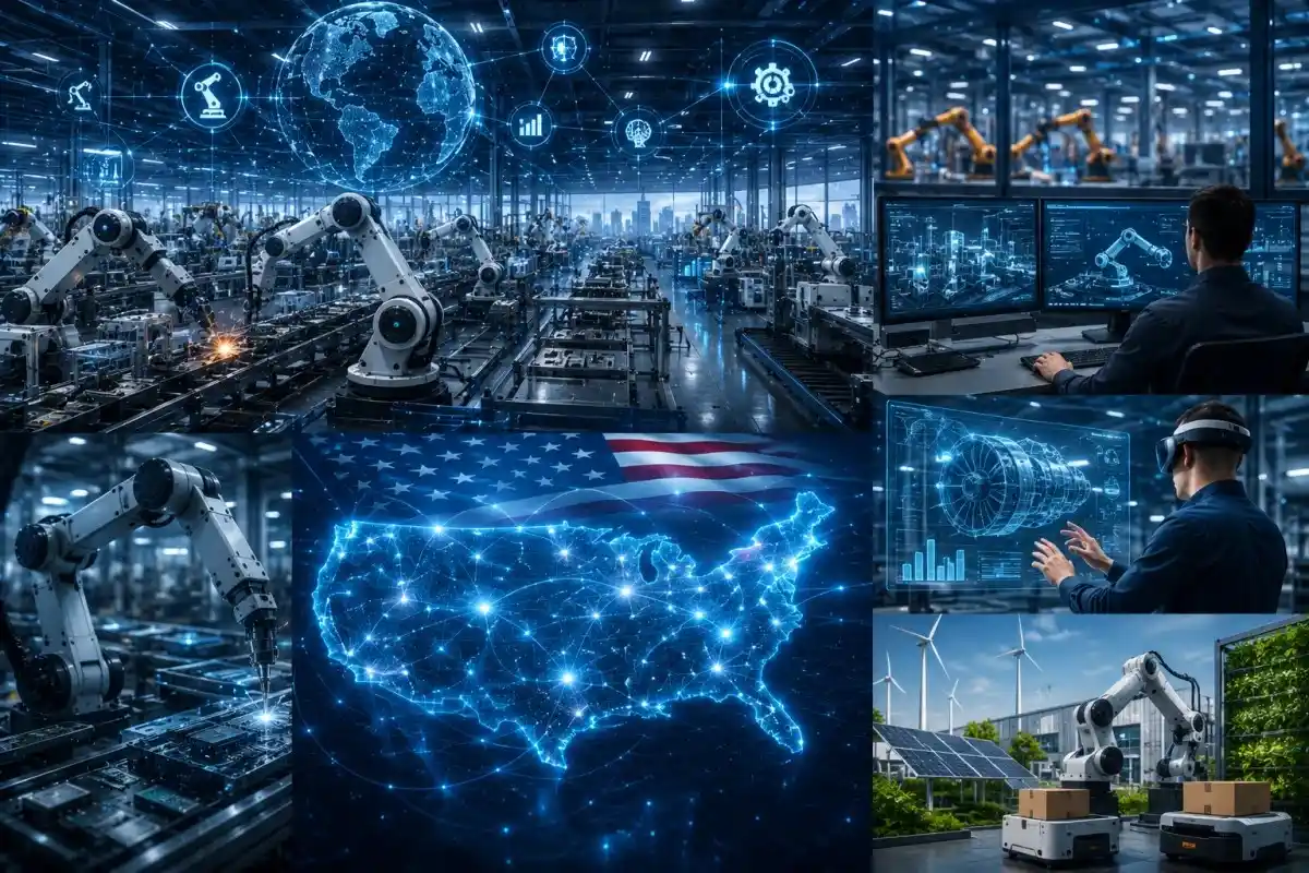 Manufacturing Technology trends featuring AI factories, industrial robotics, smart manufacturing, U.S. production, and sustainable future manufacturing.