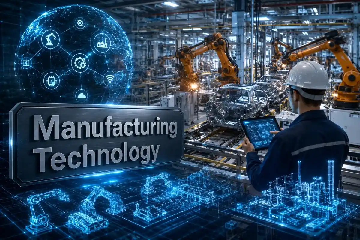 Manufacturing Technology smart factory with industrial robots, AI automation, IoT systems, digital twins, and advanced manufacturing processes.