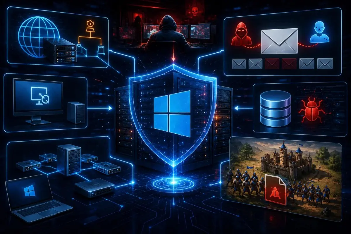 Microsoft July Patch Tuesday illustration showing Windows servers, DNS, DHCP, Remote Desktop Services, Exchange Server, SQL Server, networking infrastructure, and enterprise cybersecurity protection.