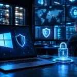 Microsoft cybersecurity operations center displaying advanced protection for Windows systems during the largest Patch Tuesday update with enterprise security monitoring and vulnerability remediation.