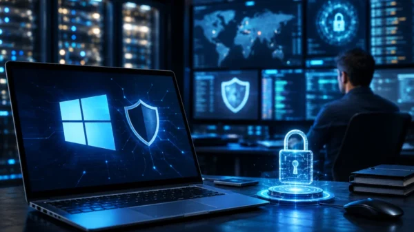 Microsoft cybersecurity operations center displaying advanced protection for Windows systems during the largest Patch Tuesday update with enterprise security monitoring and vulnerability remediation.