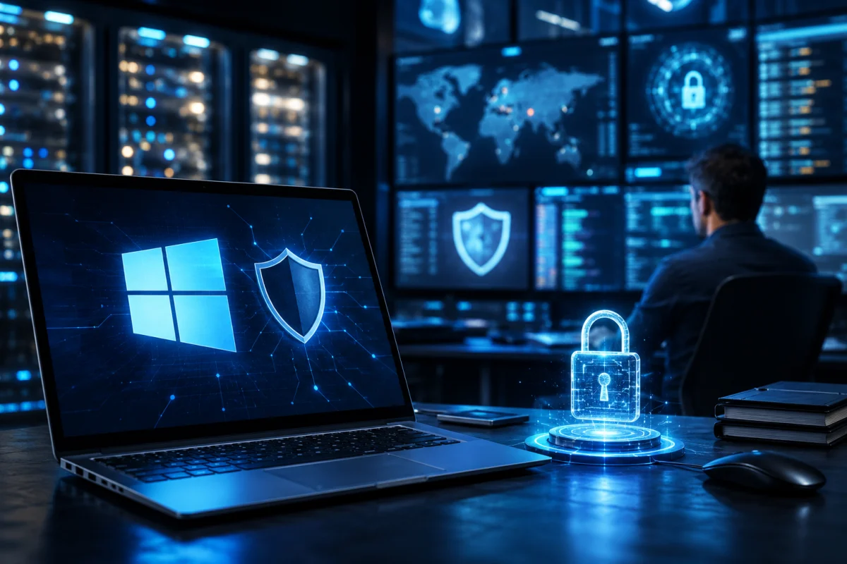 Microsoft cybersecurity operations center displaying advanced protection for Windows systems during the largest Patch Tuesday update with enterprise security monitoring and vulnerability remediation.