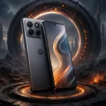 Motorola Edge 70 Max smartphone displayed from the front and back on a futuristic glowing platform with a sci-fi city background.