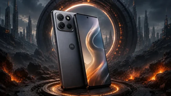 Motorola Edge 70 Max smartphone displayed from the front and back on a futuristic glowing platform with a sci-fi city background.